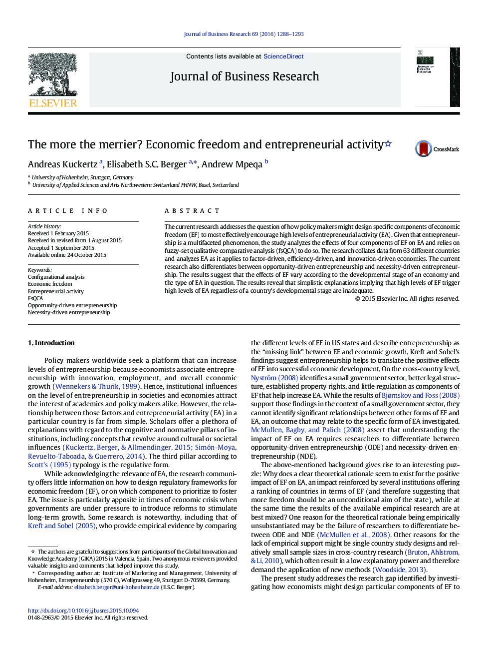 The more the merrier? Economic freedom and entrepreneurial activity 