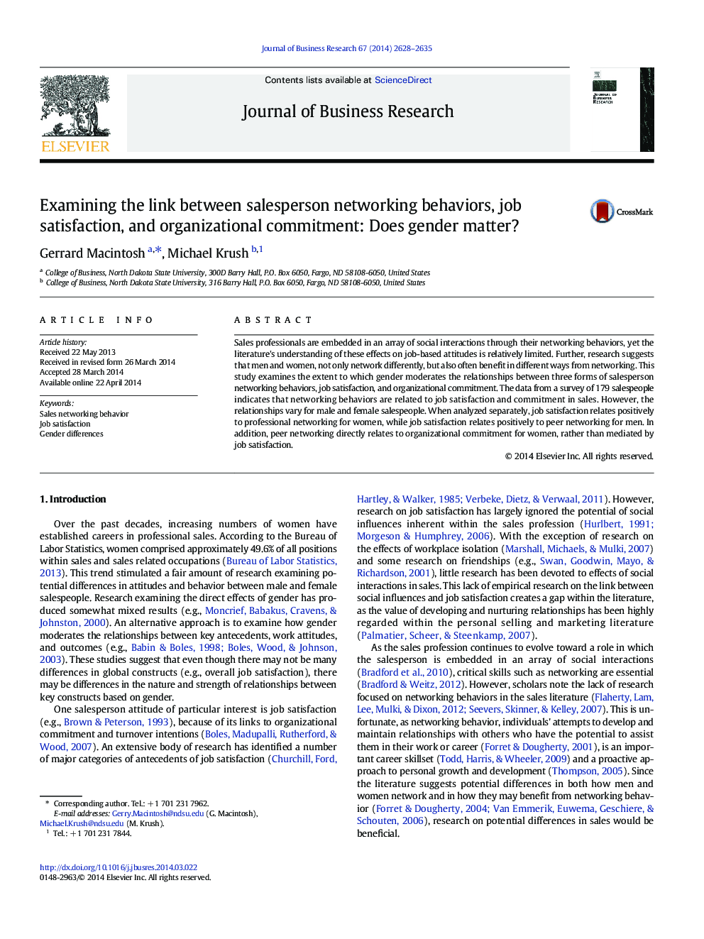 Examining the link between salesperson networking behaviors, job satisfaction, and organizational commitment: Does gender matter?