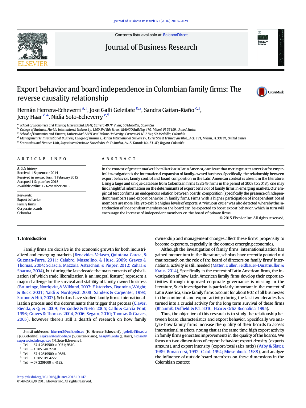 Export behavior and board independence in Colombian family firms: The reverse causality relationship