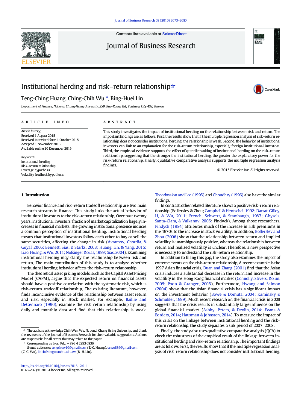 Institutional herding and risk–return relationship 