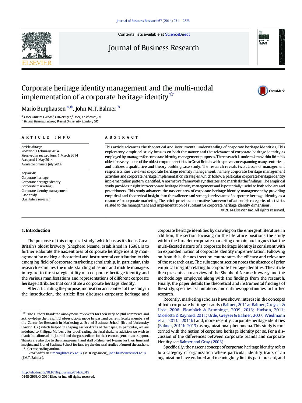 Corporate heritage identity management and the multi-modal implementation of a corporate heritage identity 