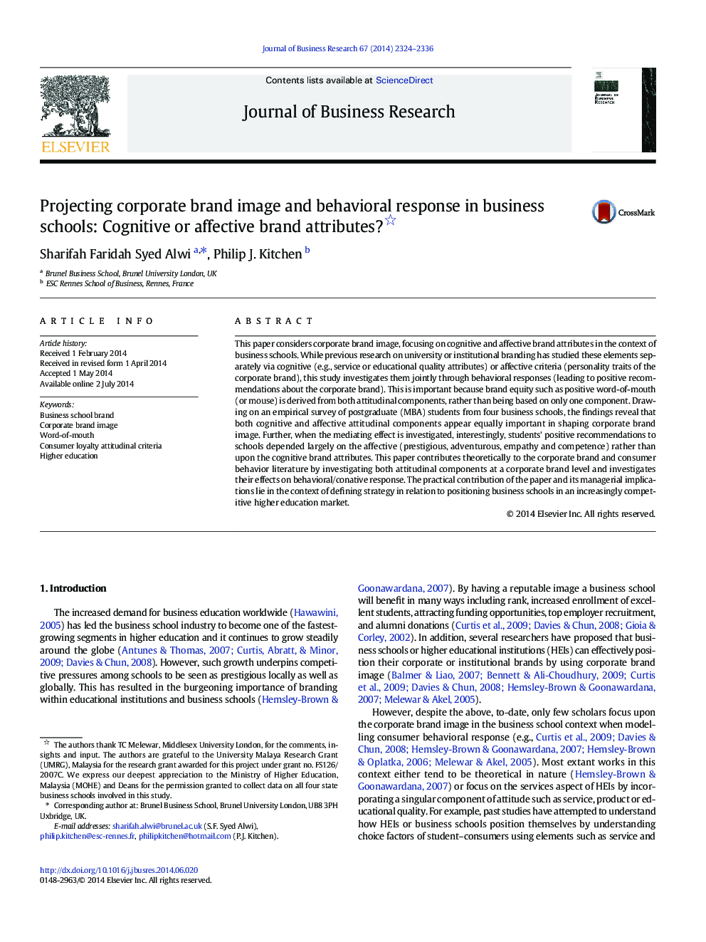 Projecting corporate brand image and behavioral response in business schools: Cognitive or affective brand attributes? 