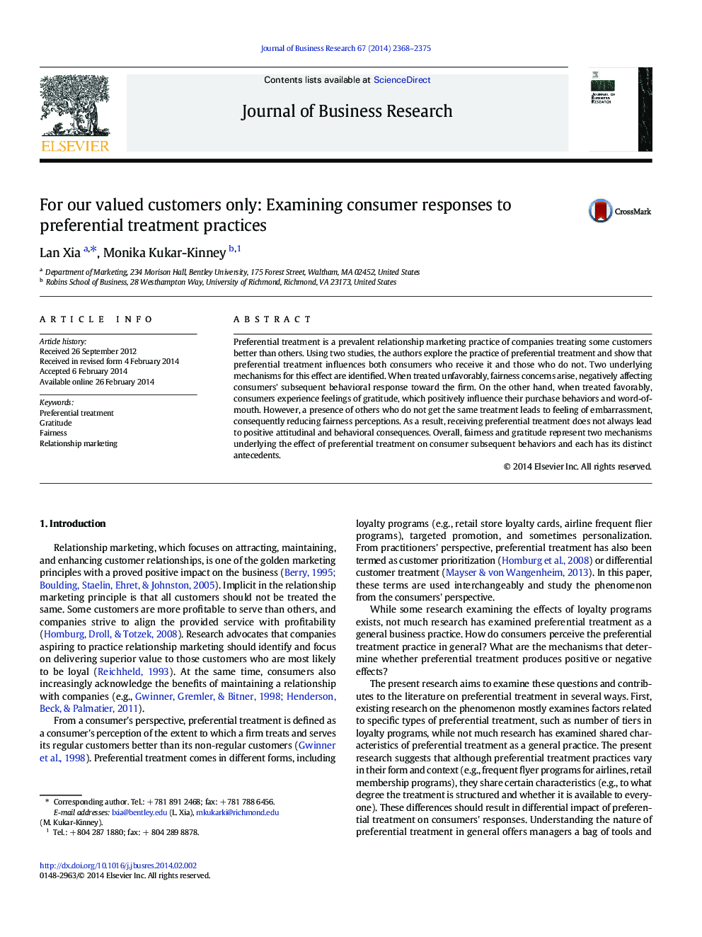 For our valued customers only: Examining consumer responses to preferential treatment practices