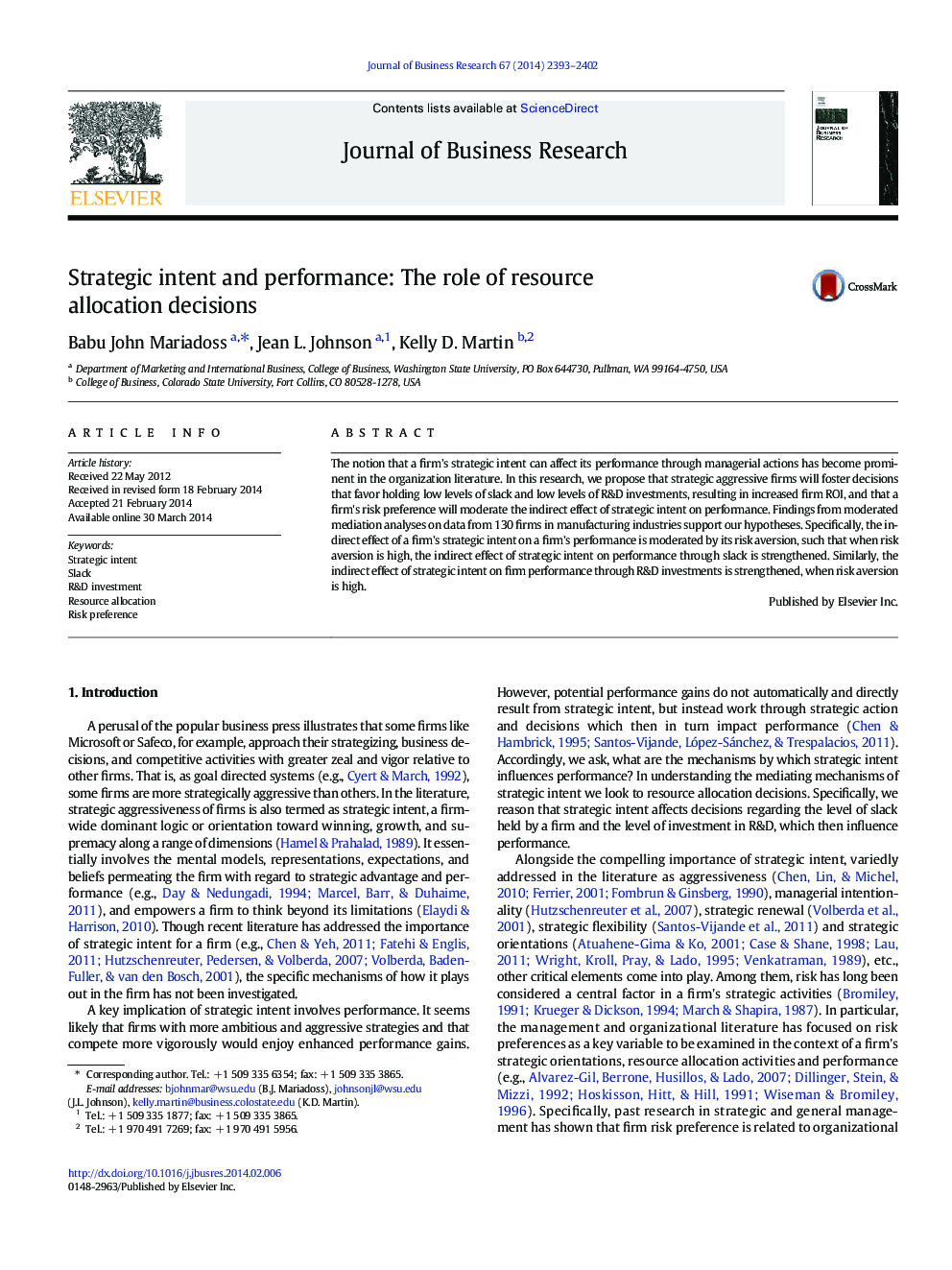 Strategic intent and performance: The role of resource allocation decisions