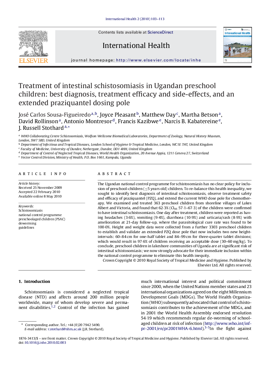 Treatment of intestinal schistosomiasis in Ugandan preschool children: best diagnosis, treatment efficacy and side-effects, and an extended praziquantel dosing pole