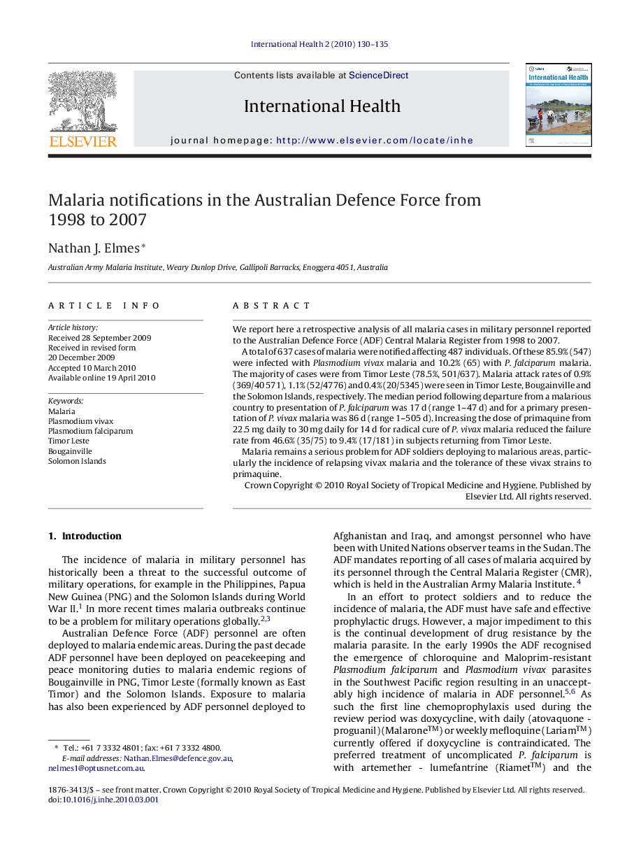 Malaria notifications in the Australian Defence Force from 1998 to 2007