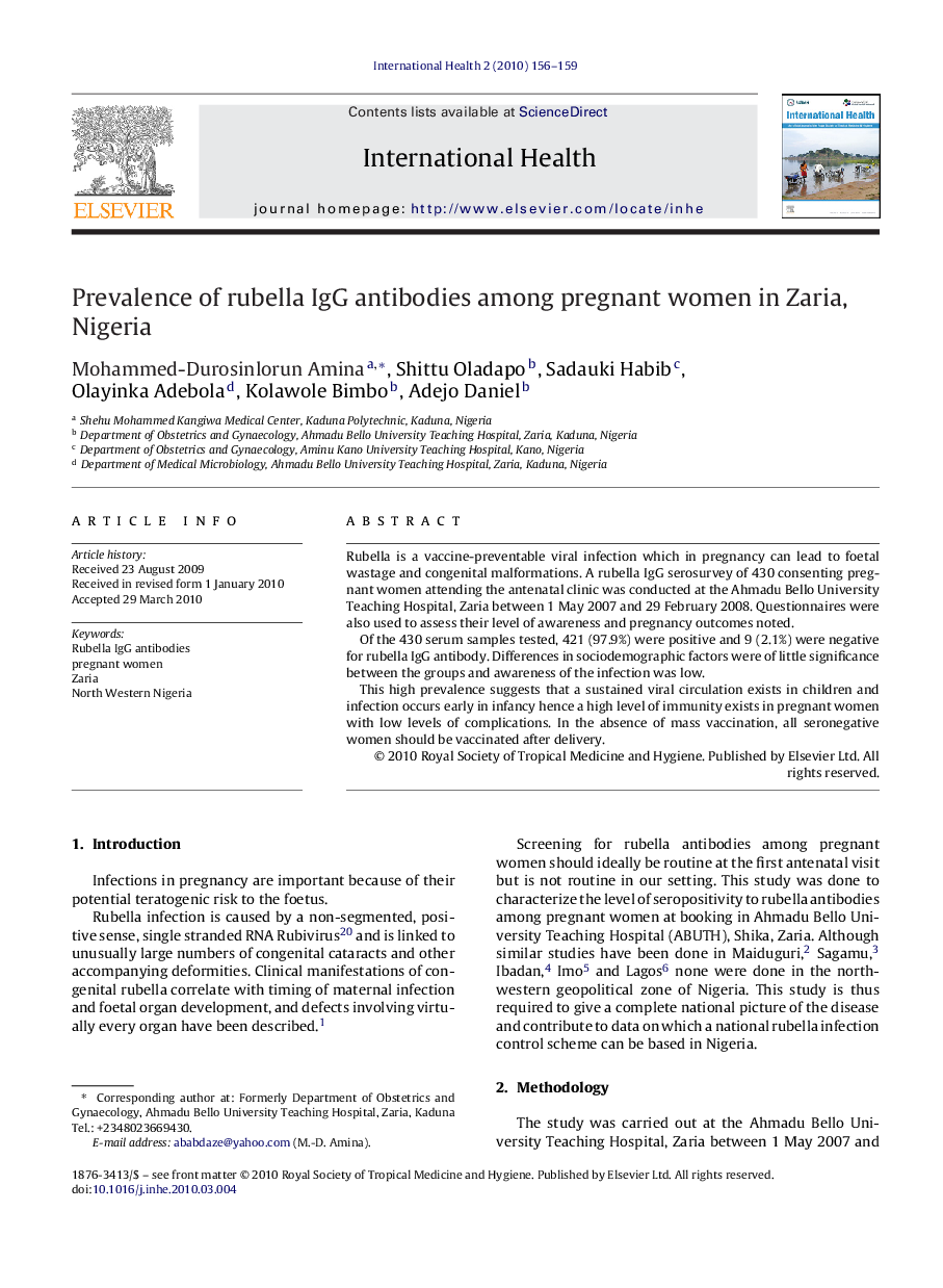 عکس صفحه اول مقاله: Prevalence of rubella IgG antibodies among pregnant women in Zaria, Nigeria Prevalence of rubella IgG antibodies among pregnant women in Zaria, Nigeria
