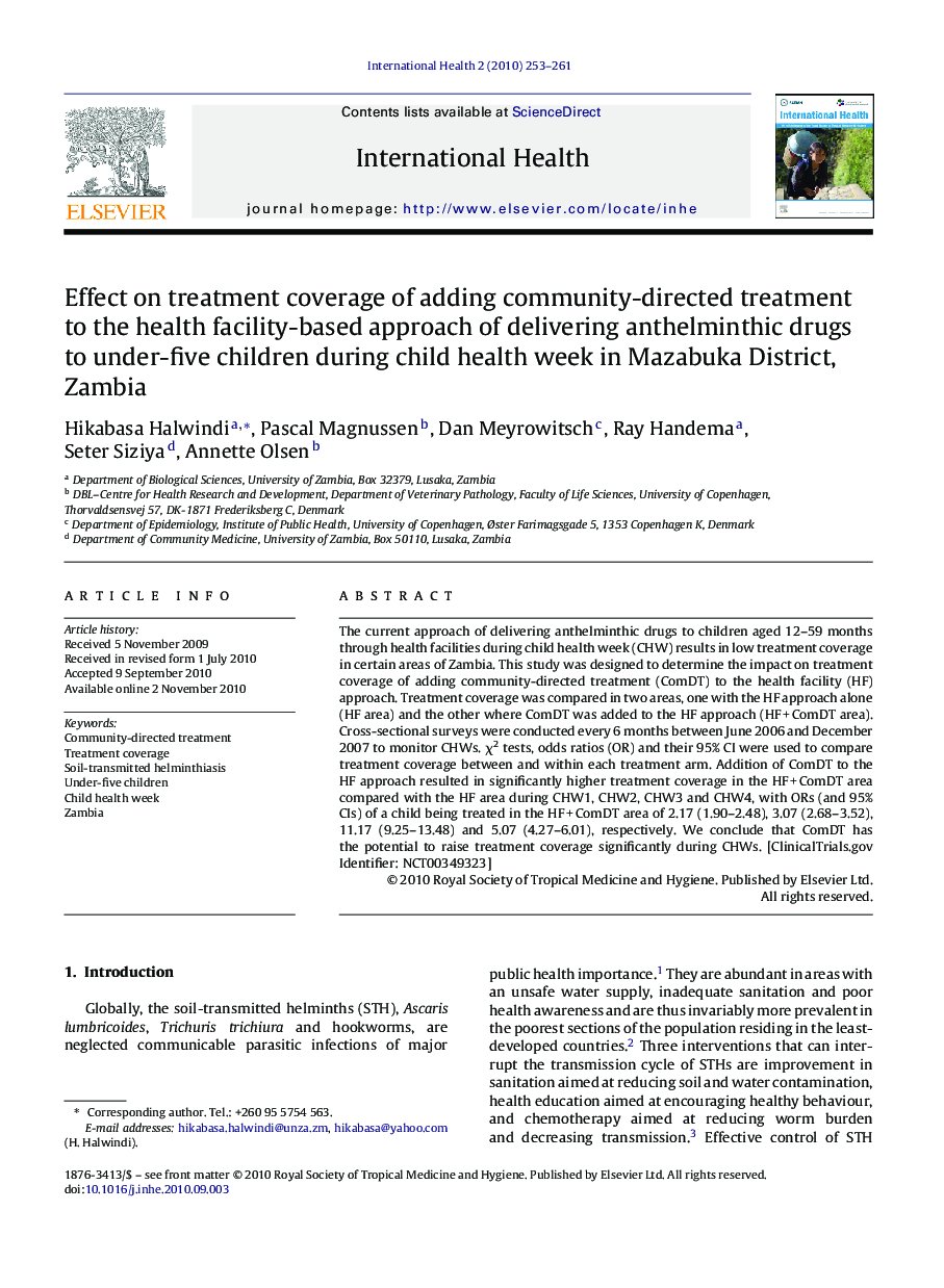 Effect on treatment coverage of adding community-directed treatment to the health facility-based approach of delivering anthelminthic drugs to under-five children during child health week in Mazabuka District, Zambia