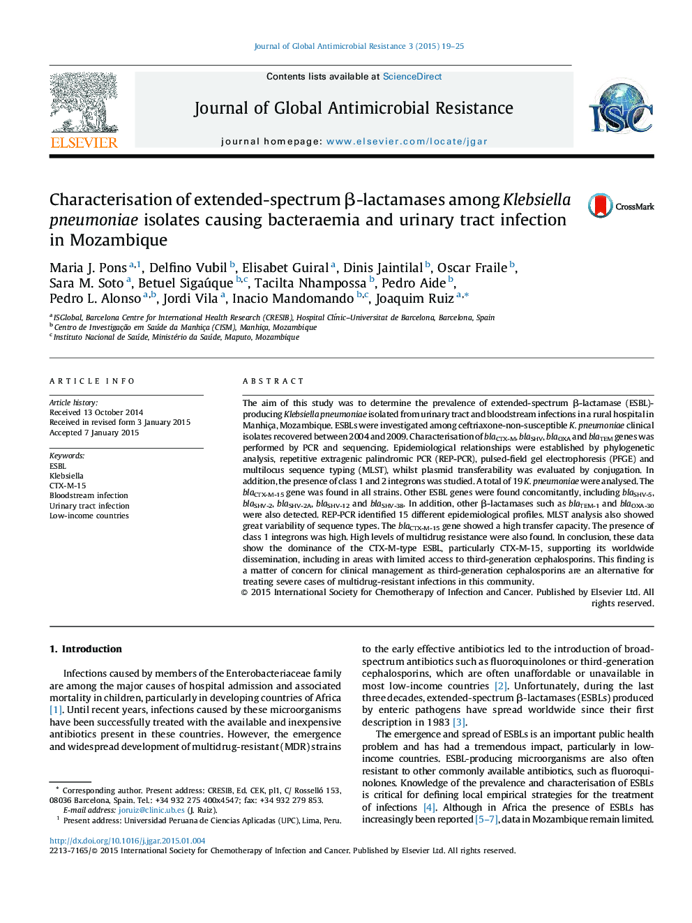 Characterisation of extended-spectrum Î²-lactamases among Klebsiella pneumoniae isolates causing bacteraemia and urinary tract infection in Mozambique