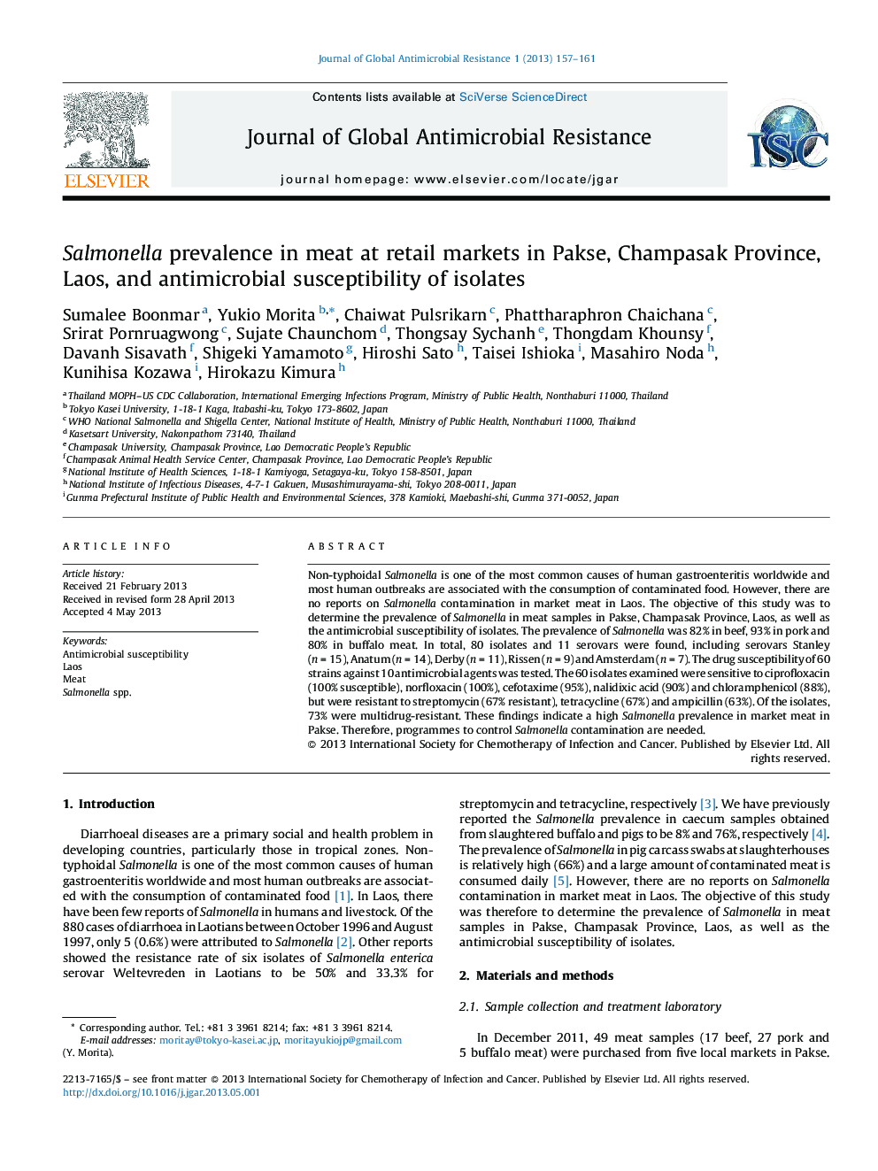 Salmonella prevalence in meat at retail markets in Pakse, Champasak Province, Laos, and antimicrobial susceptibility of isolates