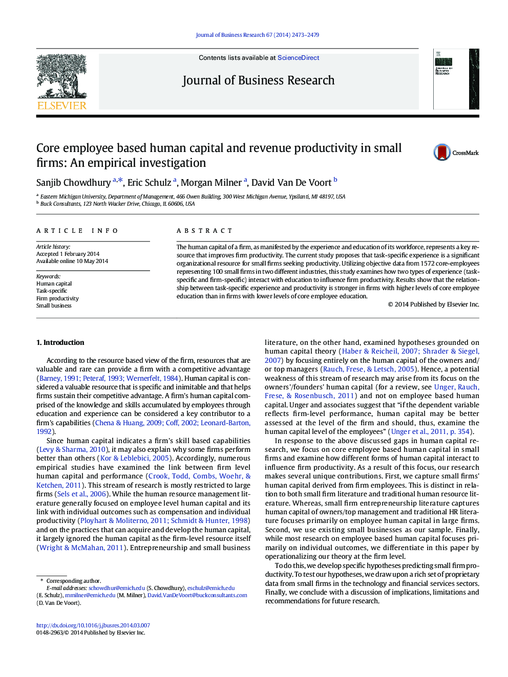 Core employee based human capital and revenue productivity in small firms: An empirical investigation