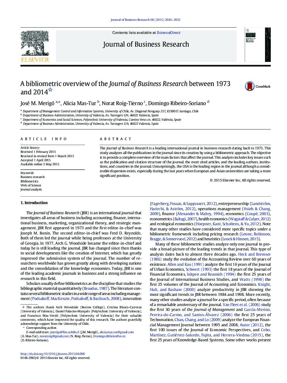 A bibliometric overview of the Journal of Business Research between 1973 and 2014 