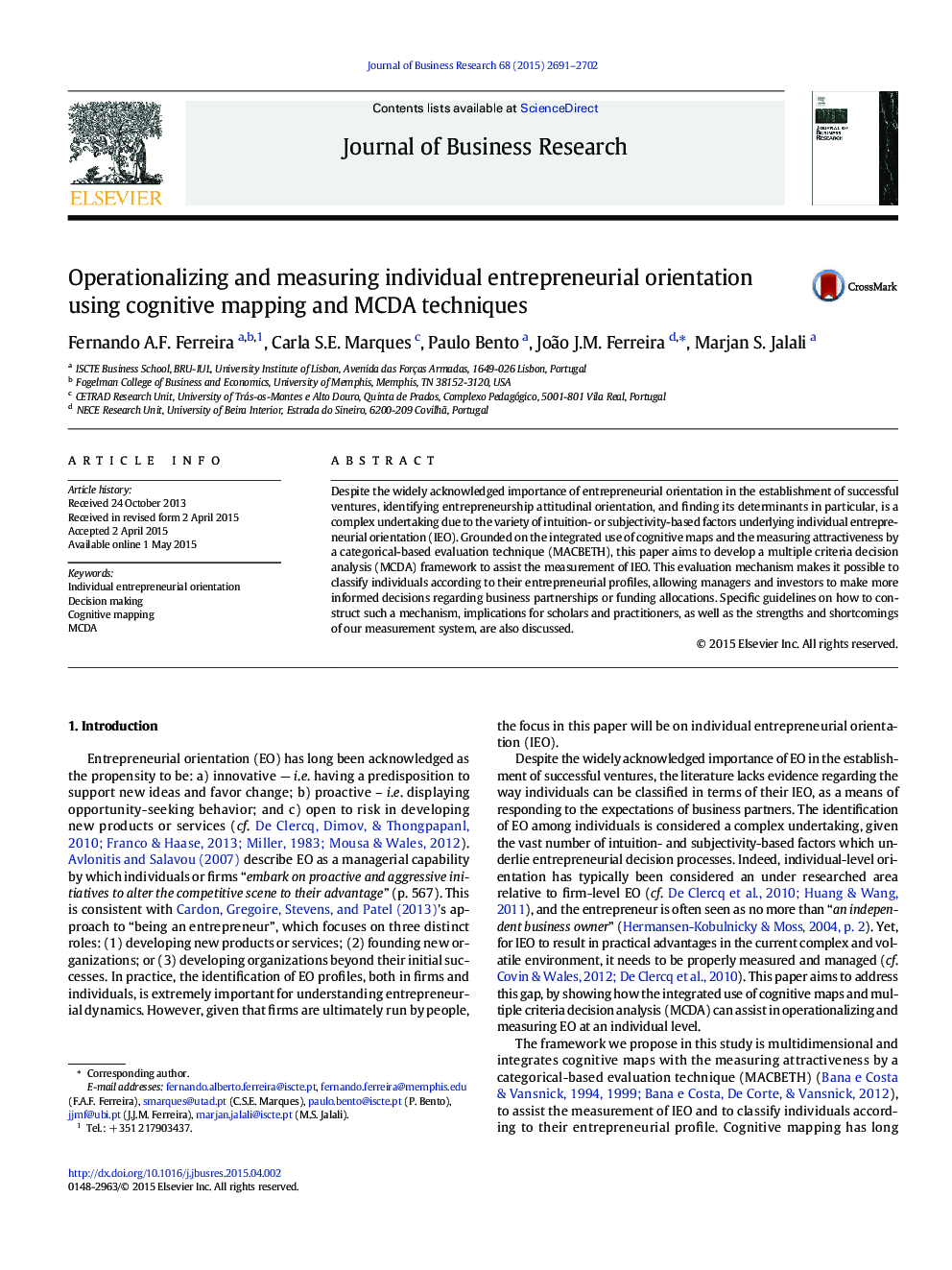 عکس صفحه اول مقاله: Operationalizing and measuring individual entrepreneurial orientation using cognitive mapping and MCDA techniques Operationalizing and measuring individual entrepreneurial orientation using cognitive mapping and MCDA techniques