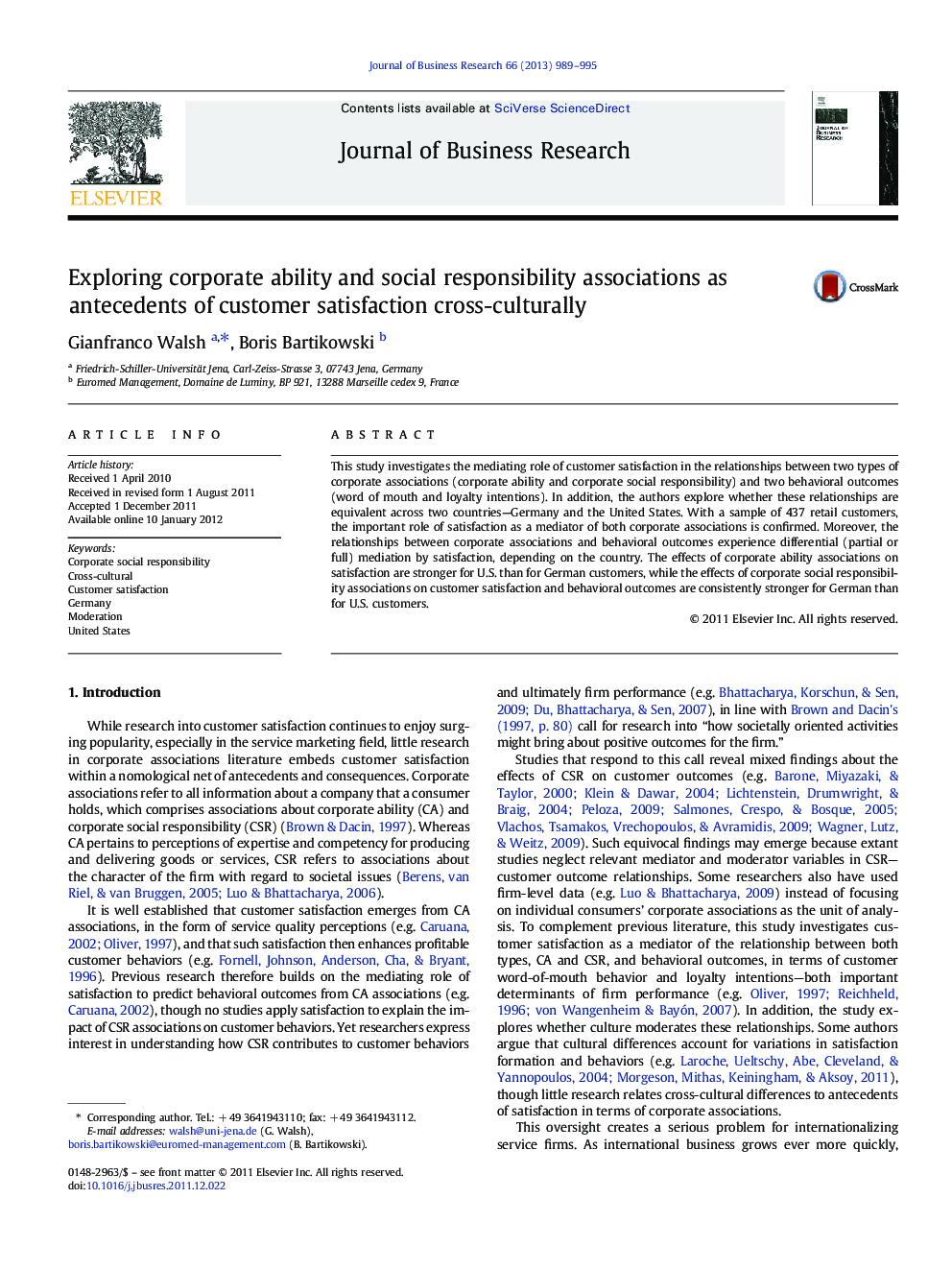 Exploring corporate ability and social responsibility associations as antecedents of customer satisfaction cross-culturally