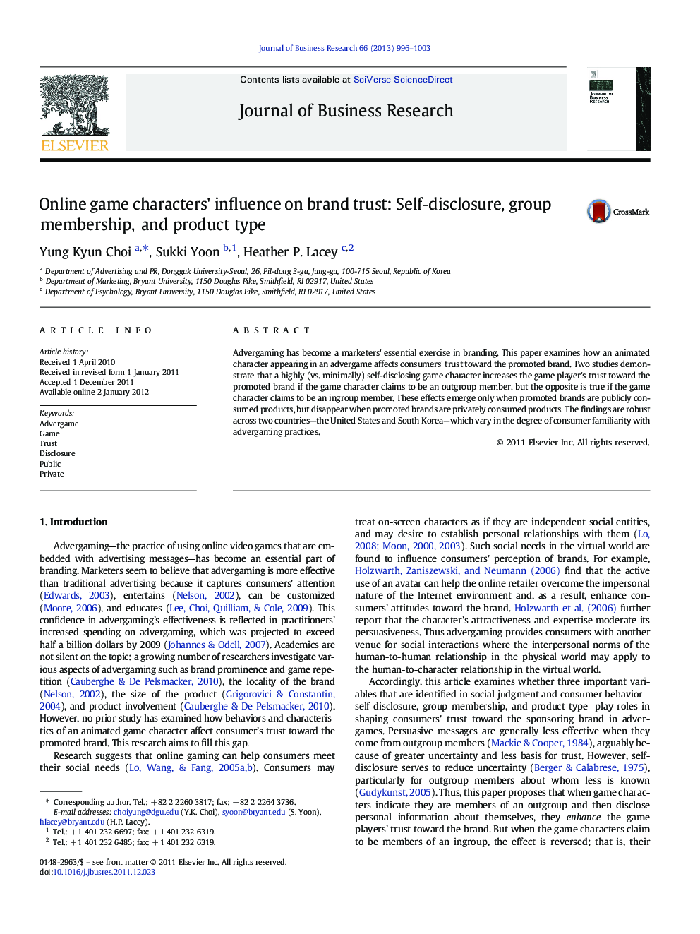 Online game characters' influence on brand trust: Self-disclosure, group membership, and product type