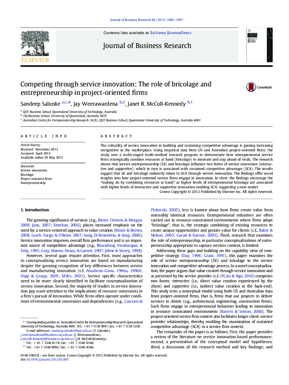 Competing through service innovation: The role of bricolage and entrepreneurship in project-oriented firms