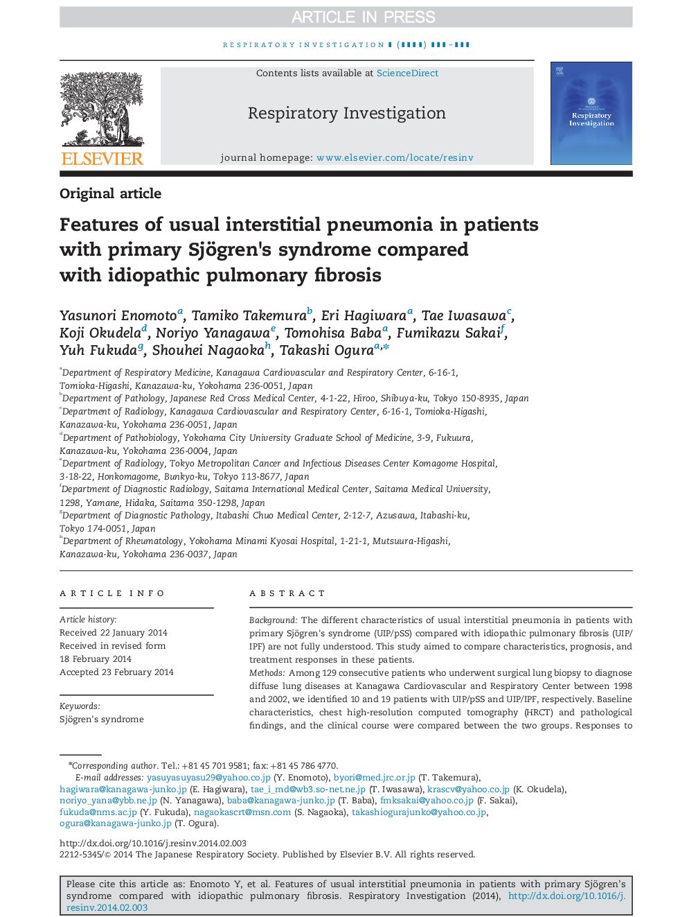 Features of usual interstitial pneumonia in patients with primary Sjögren×³s syndrome compared with idiopathic pulmonary fibrosis