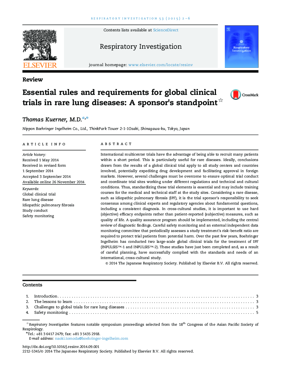 Essential rules and requirements for global clinical trials in rare lung diseases: A sponsor×³s standpoint