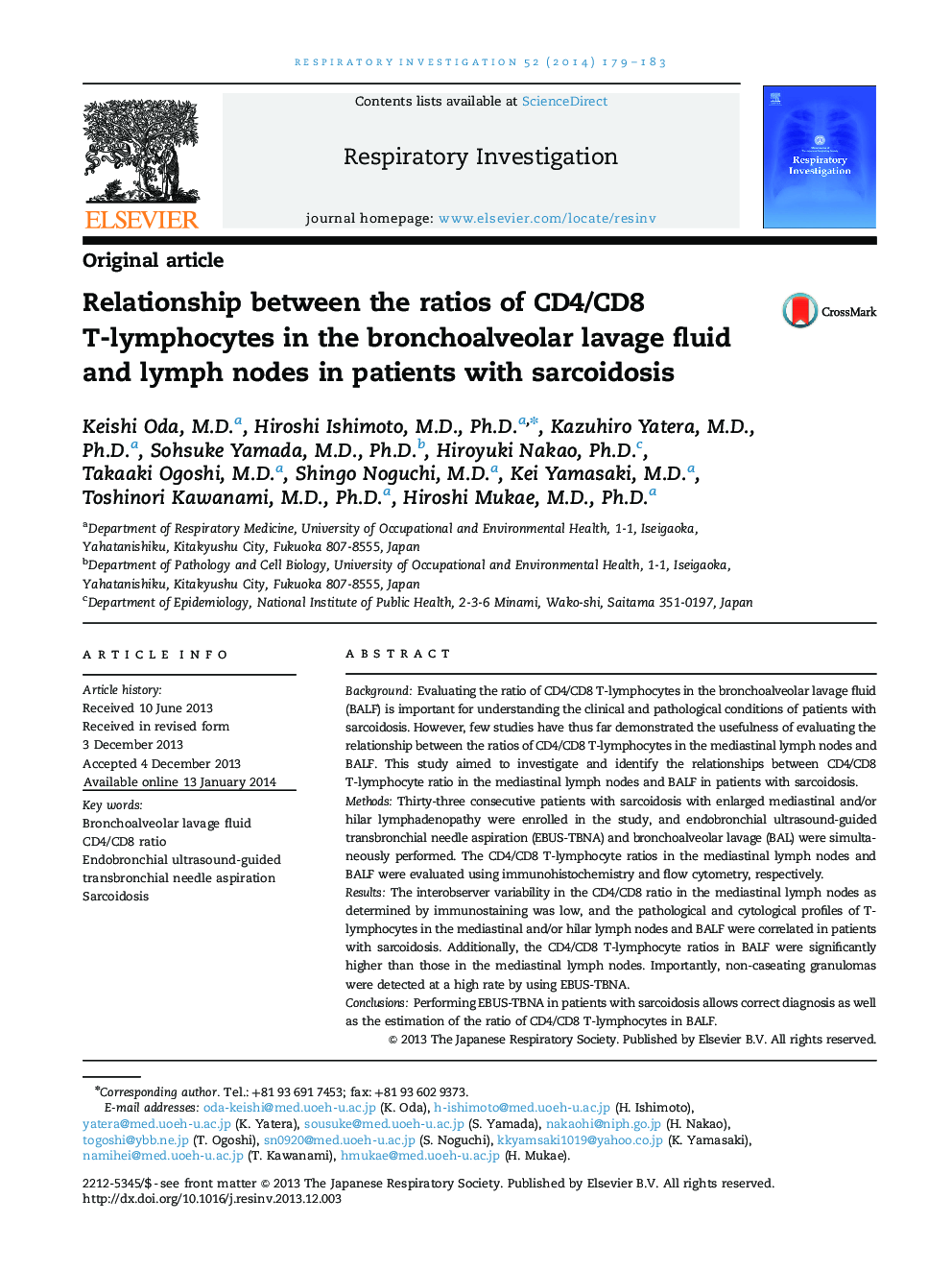 Relationship between the ratios of CD4/CD8 T-lymphocytes in the bronchoalveolar lavage fluid and lymph nodes in patients with sarcoidosis