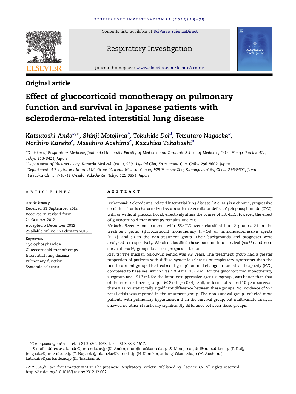 Effect of glucocorticoid monotherapy on pulmonary function and survival in Japanese patients with scleroderma-related interstitial lung disease