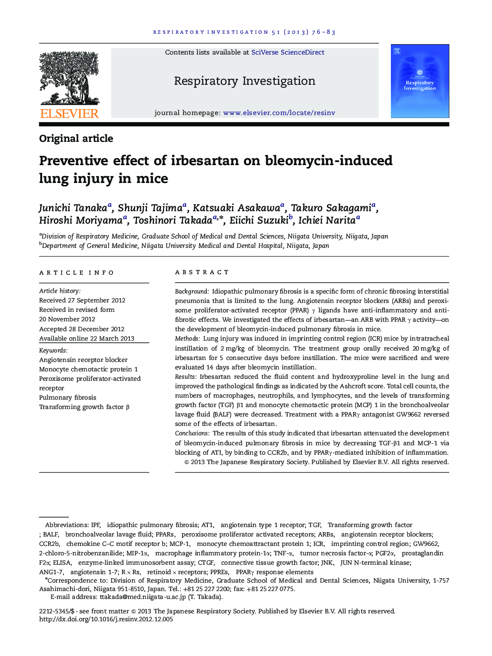 Preventive effect of irbesartan on bleomycin-induced lung injury in mice