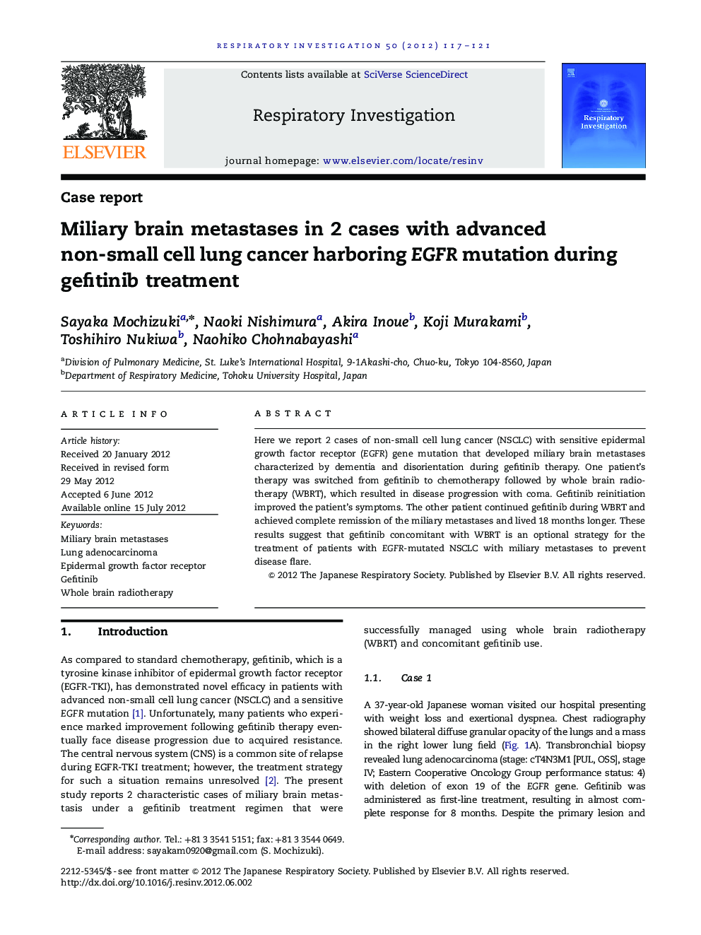 Miliary brain metastases in 2 cases with advanced non-small cell lung cancer harboring EGFR mutation during gefitinib treatment