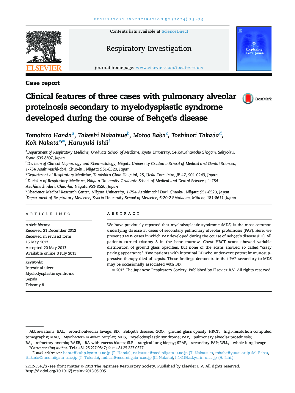 Clinical features of three cases with pulmonary alveolar proteinosis secondary to myelodysplastic syndrome developed during the course of Behçet's disease