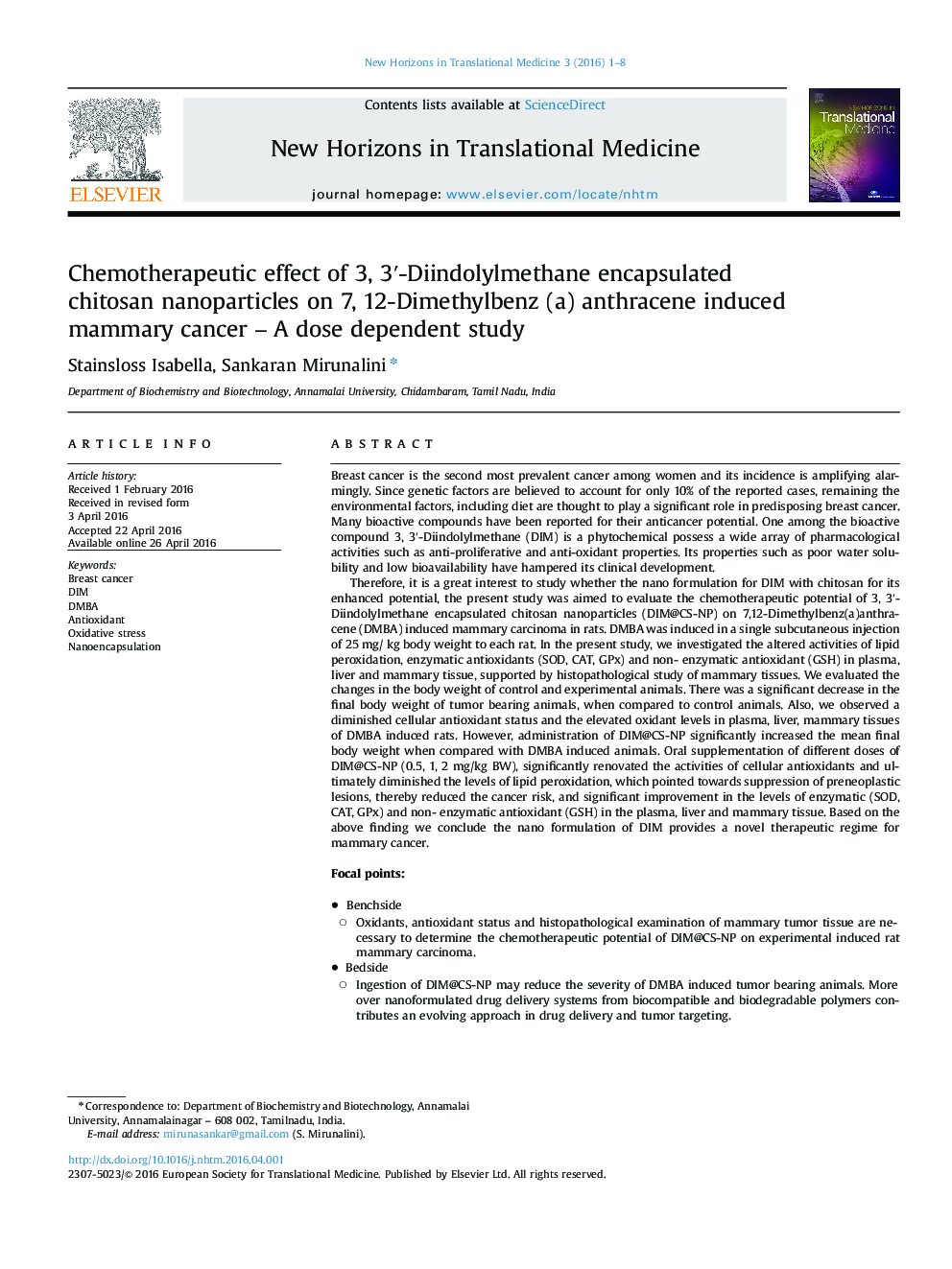 Chemotherapeutic effect of 3, 3â²-Diindolylmethane encapsulated chitosan nanoparticles on 7, 12-Dimethylbenz (a) anthracene induced mammary cancer - A dose dependent study
