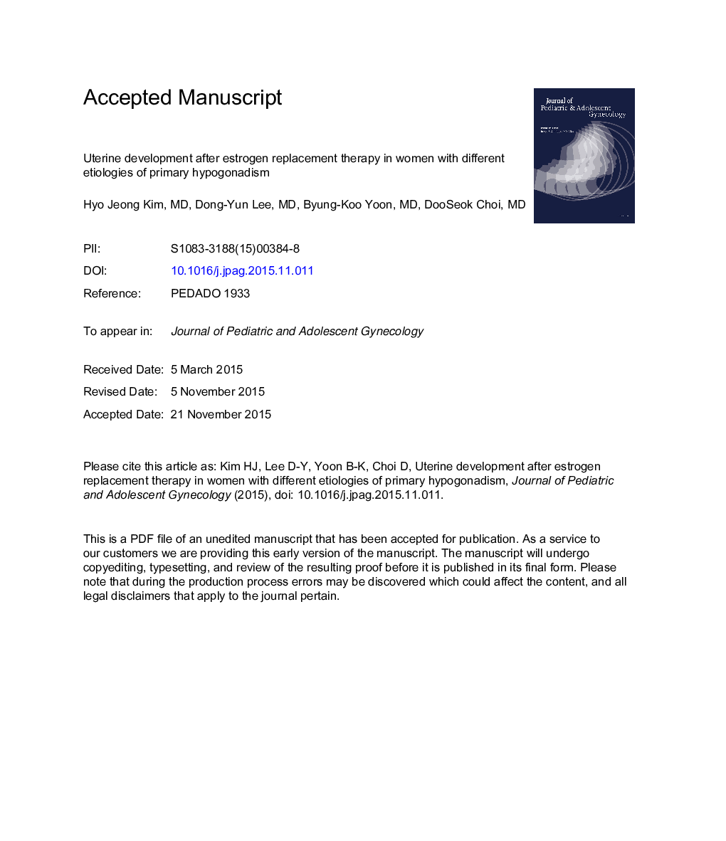 Uterine Development After Estrogen Replacement Therapy in Women with Different Etiologies of Primary Hypogonadism