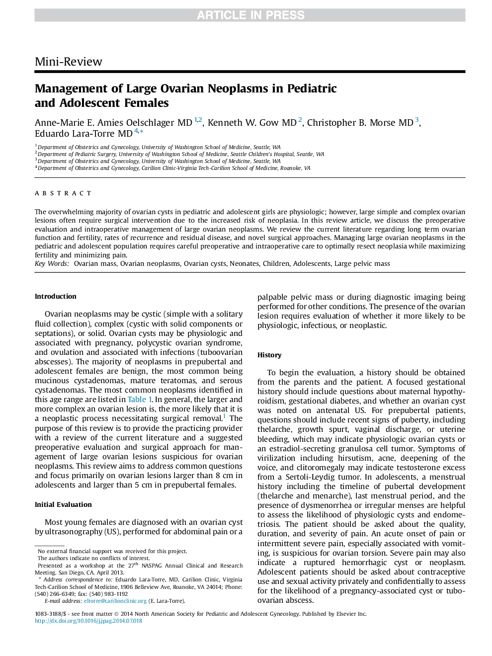 Management of Large Ovarian Neoplasms in Pediatric and Adolescent Females