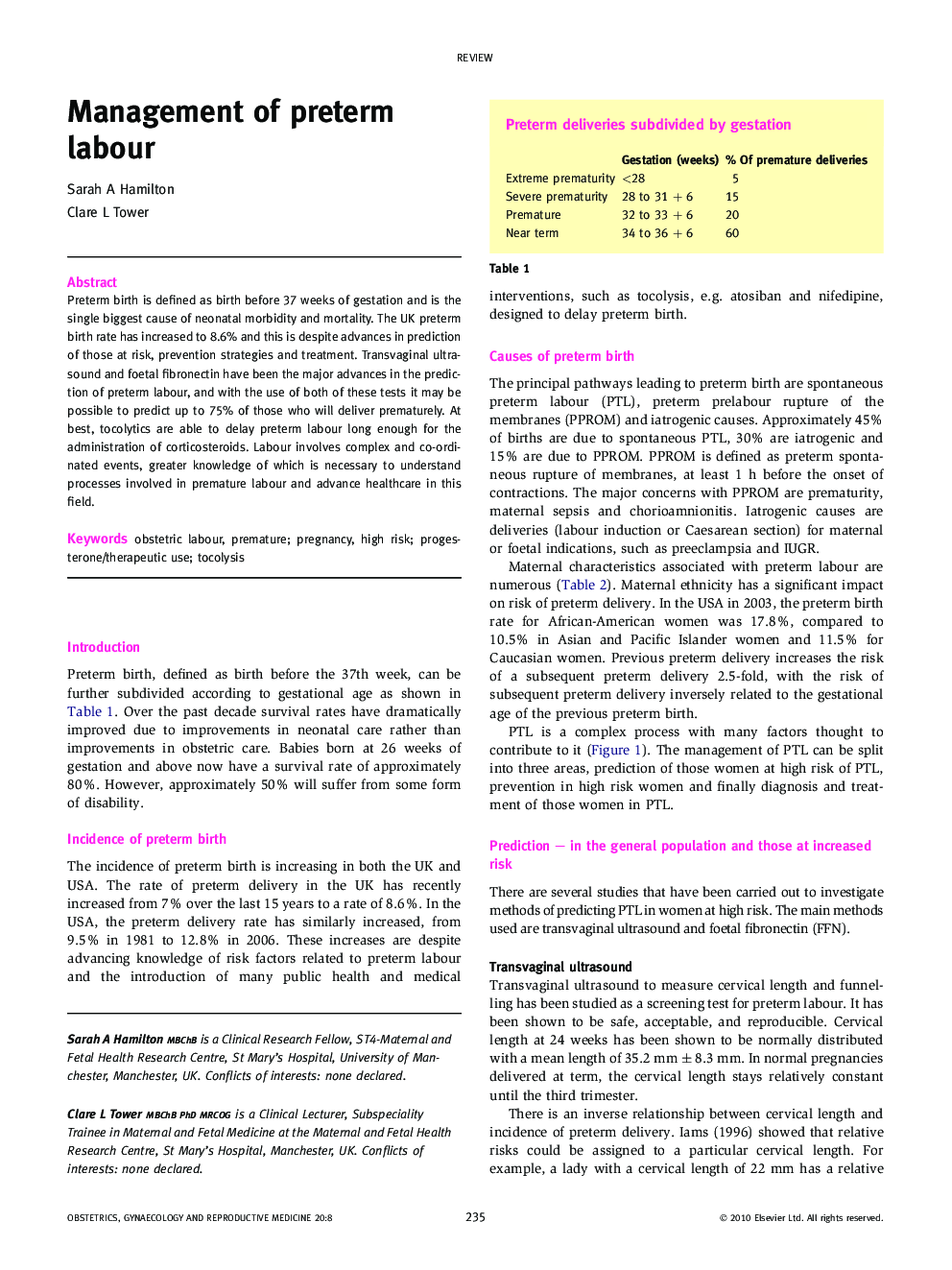 Management of preterm labour