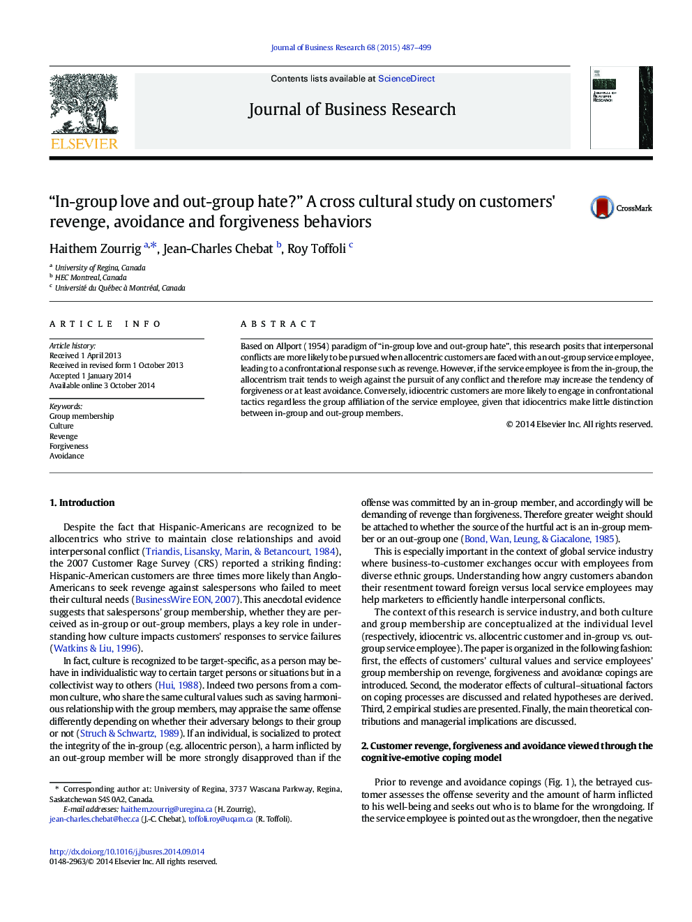 “In-group love and out-group hate?” A cross cultural study on customers' revenge, avoidance and forgiveness behaviors