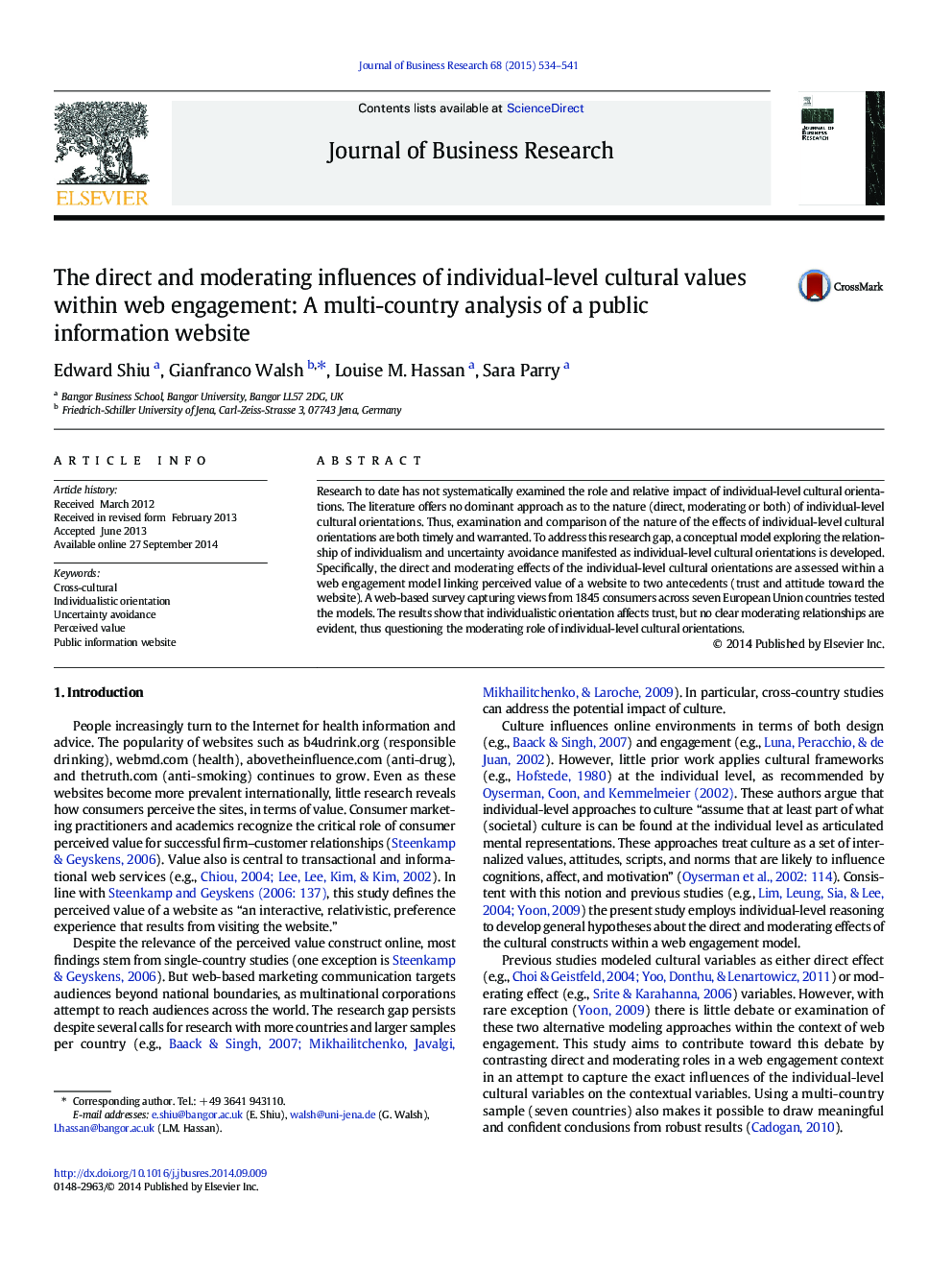The direct and moderating influences of individual-level cultural values within web engagement: A multi-country analysis of a public information website