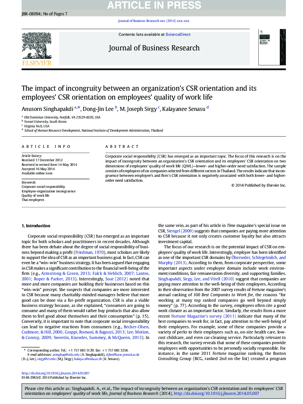 The impact of incongruity between an organization's CSR orientation and its employees' CSR orientation on employees' quality of work life