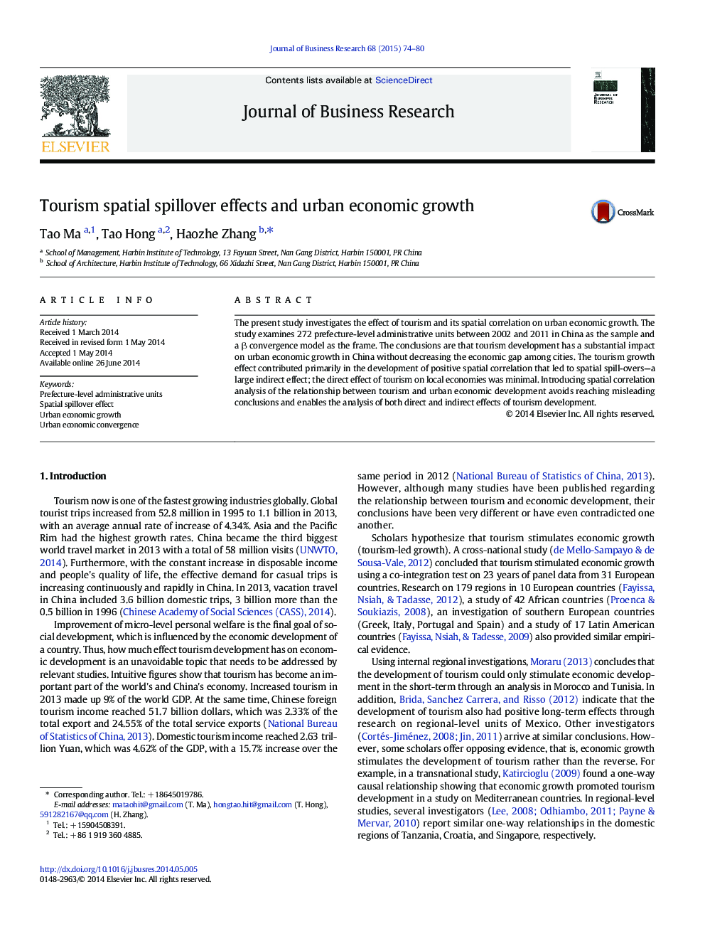 Tourism spatial spillover effects and urban economic growth