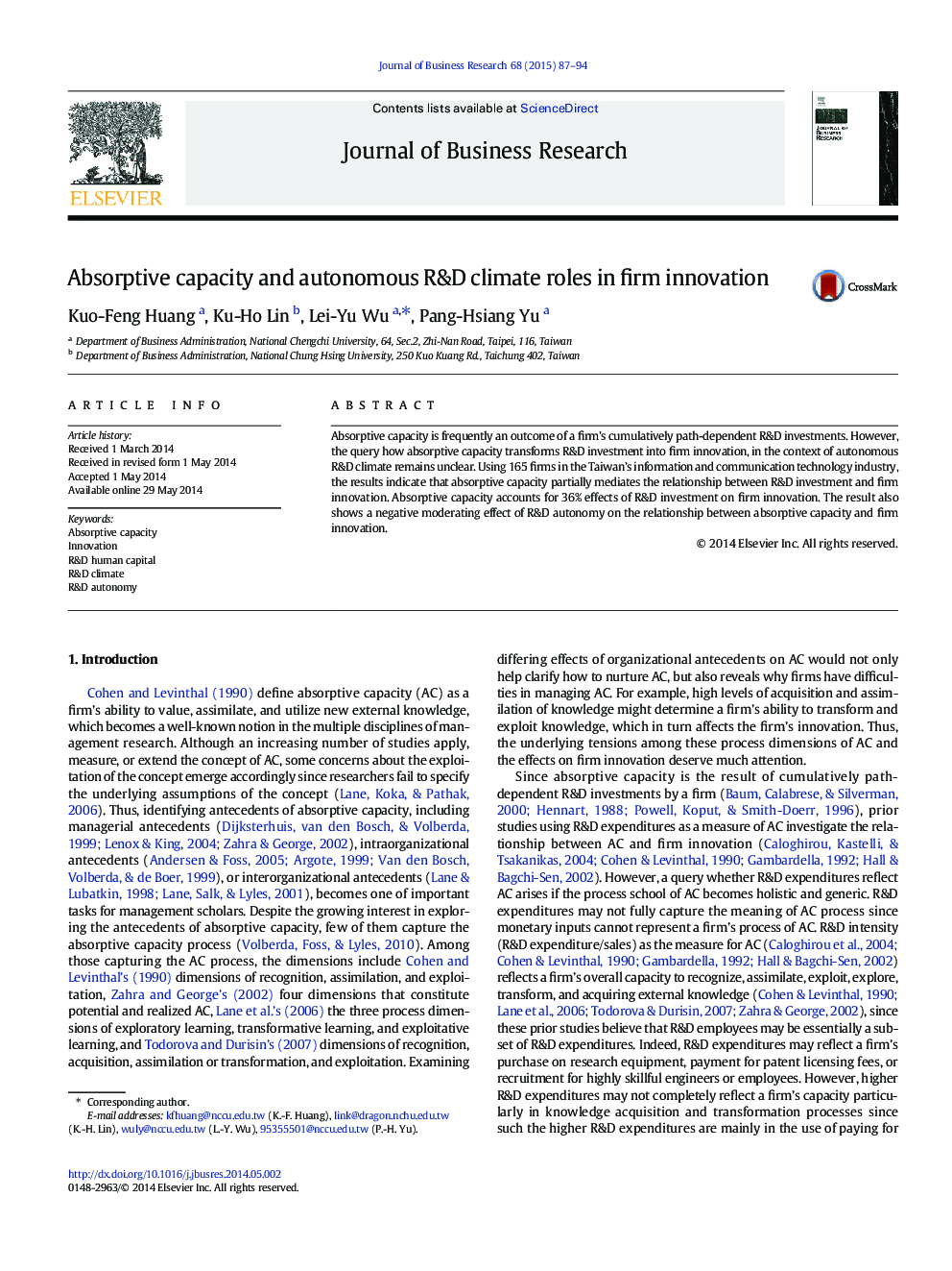 Absorptive capacity and autonomous R&D climate roles in firm innovation