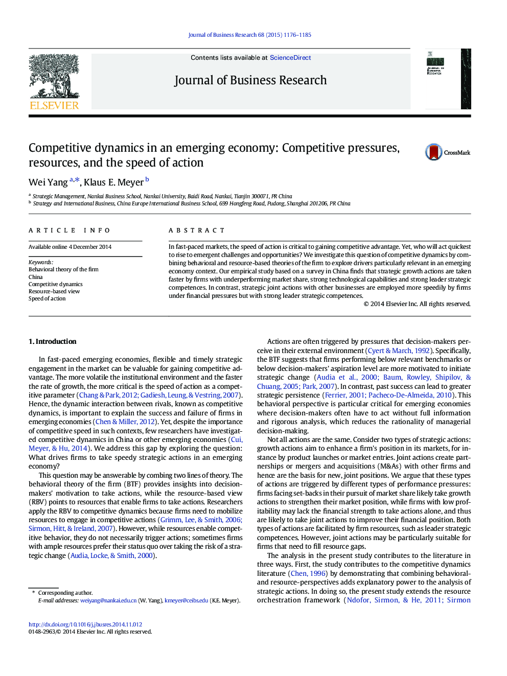 Competitive dynamics in an emerging economy: Competitive pressures, resources, and the speed of action