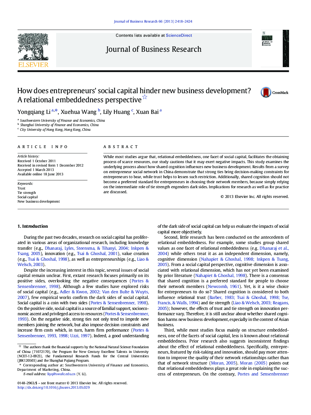 How does entrepreneurs' social capital hinder new business development? A relational embeddedness perspective 