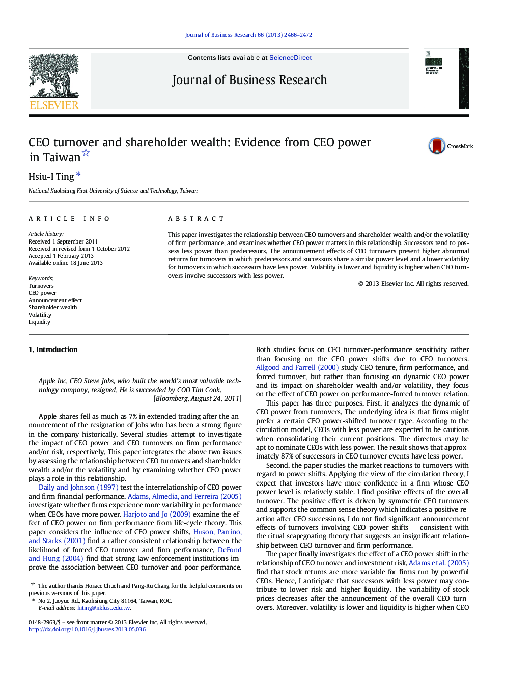 CEO turnover and shareholder wealth: Evidence from CEO power in Taiwan 