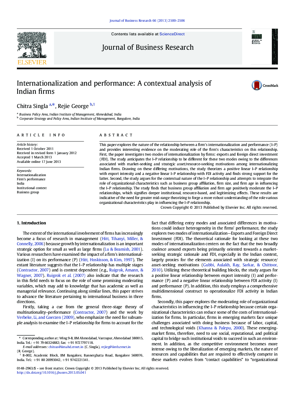 Internationalization and performance: A contextual analysis of Indian firms