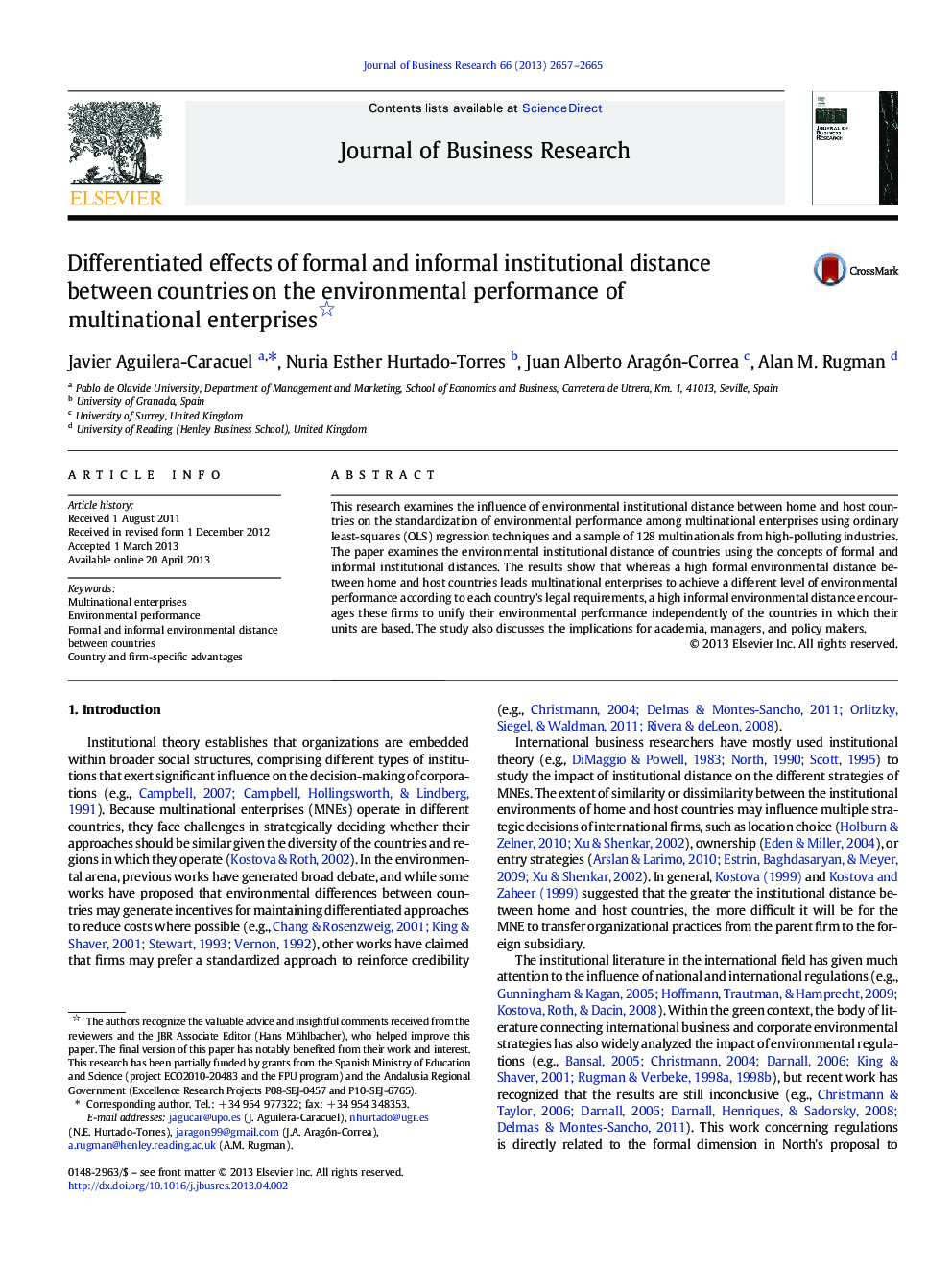 Differentiated effects of formal and informal institutional distance between countries on the environmental performance of multinational enterprises 