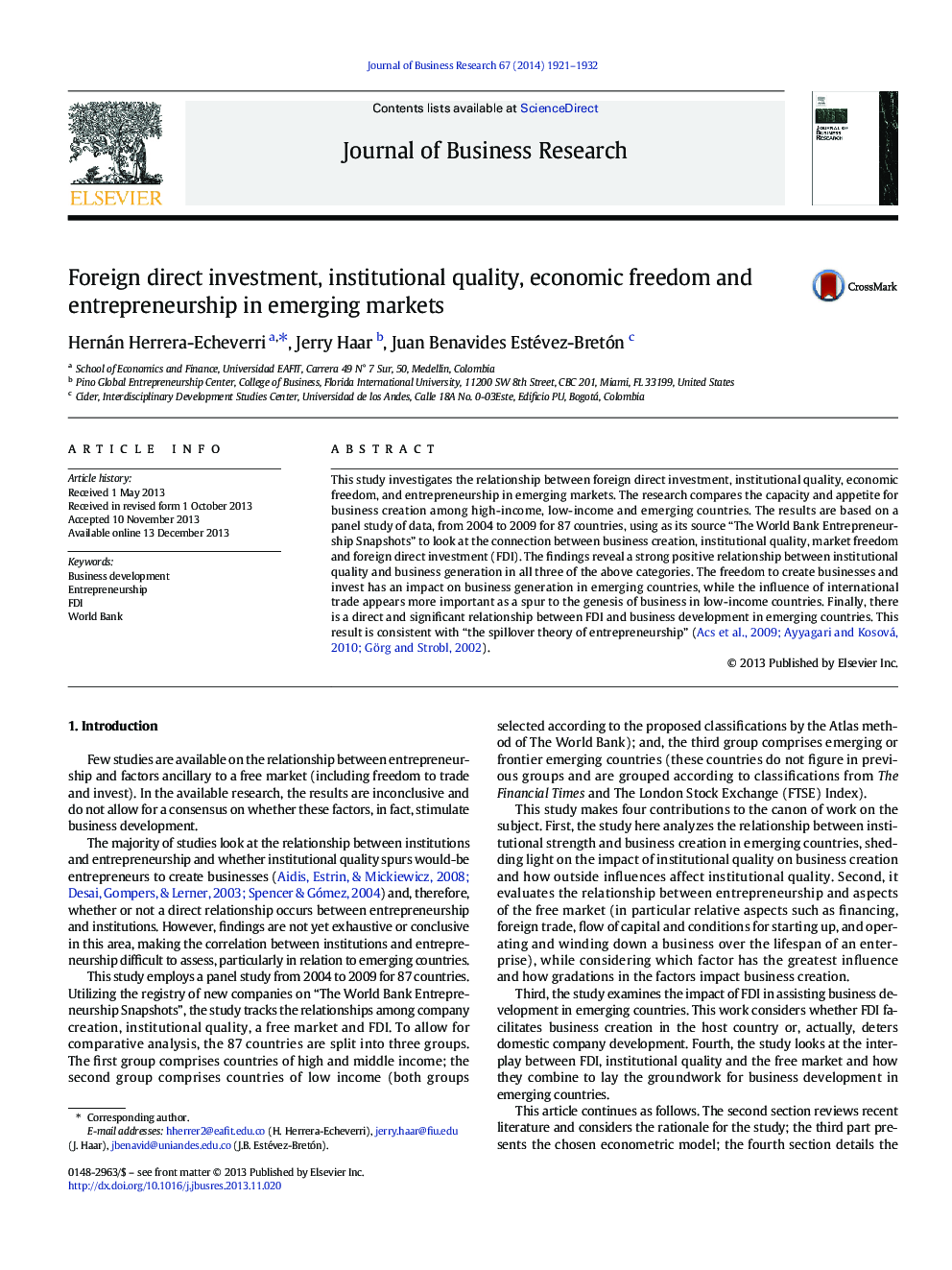 Foreign direct investment, institutional quality, economic freedom and entrepreneurship in emerging markets