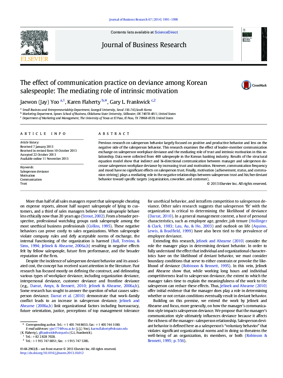 The effect of communication practice on deviance among Korean salespeople: The mediating role of intrinsic motivation