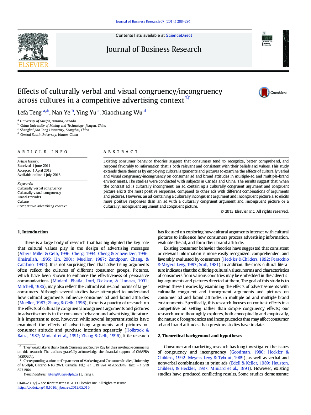 Effects of culturally verbal and visual congruency/incongruency across cultures in a competitive advertising context 