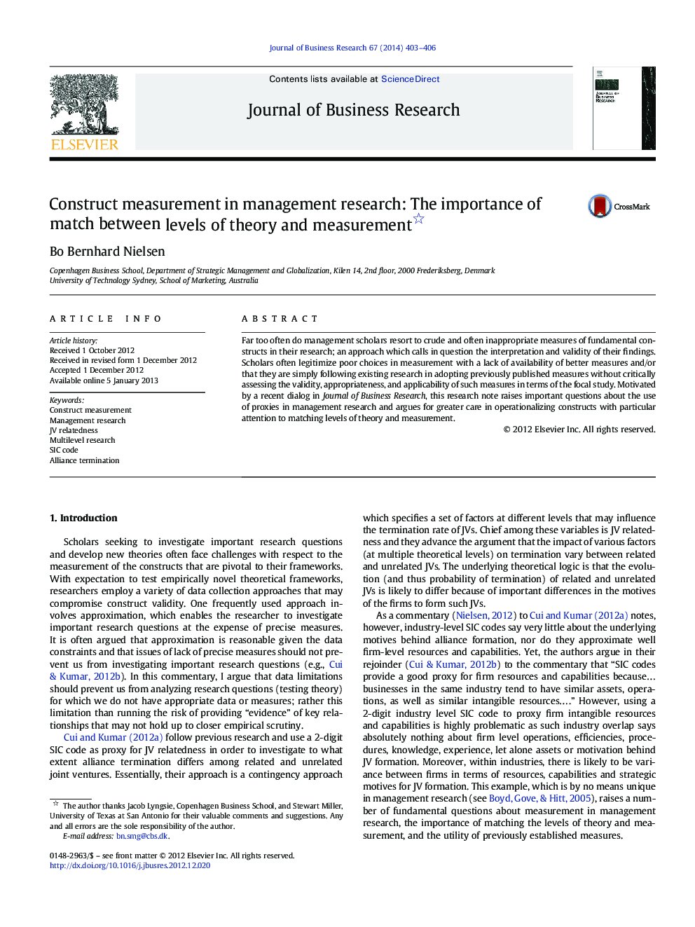 Construct measurement in management research: The importance of match between levels of theory and measurement 