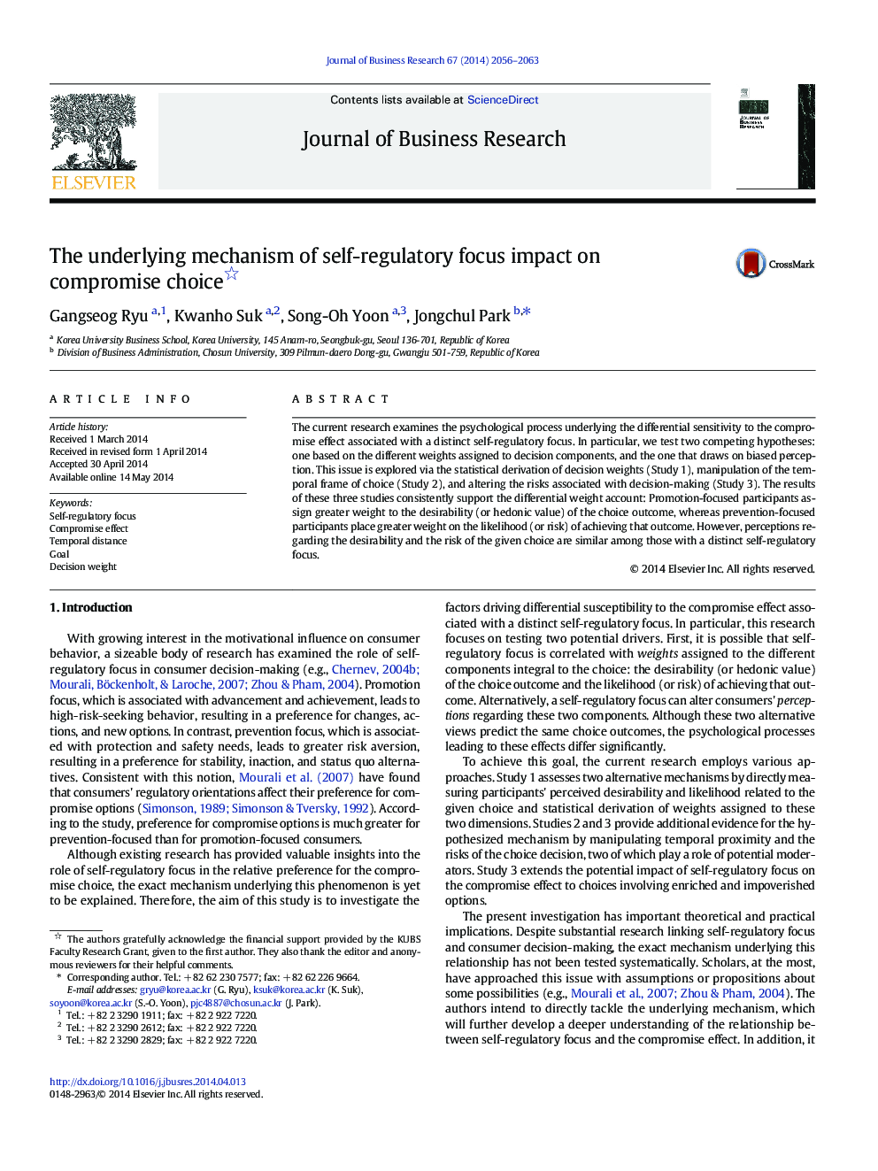 The underlying mechanism of self-regulatory focus impact on compromise choice 