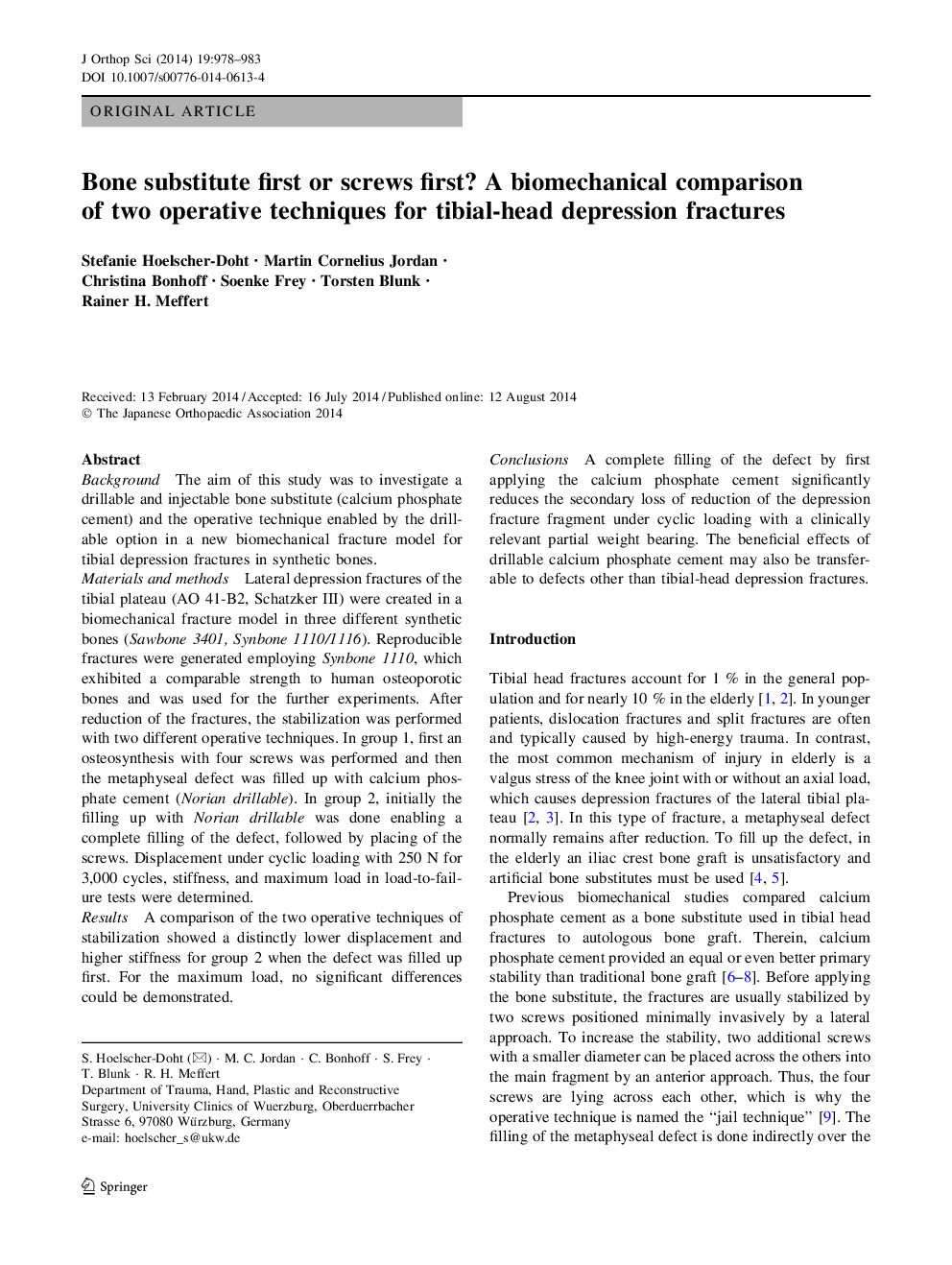 Bone substitute first or screws first? A biomechanical comparison of two operative techniques for tibial-head depression fractures