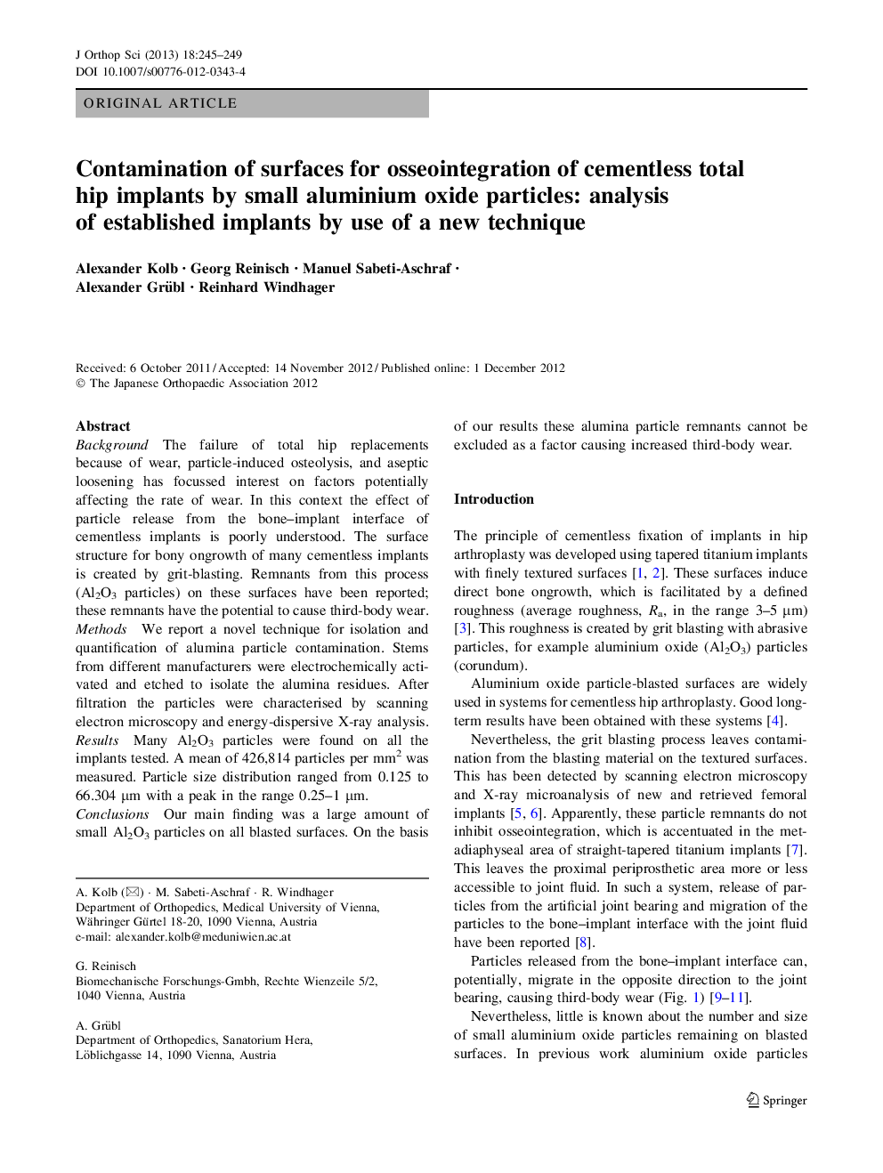 Contamination of surfaces for osseointegration of cementless total hip implants by small aluminium oxide particles: analysis of established implants by use of a new technique