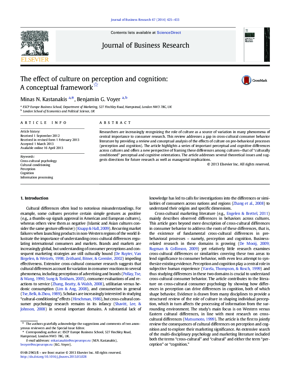 The effect of culture on perception and cognition: A conceptual framework 