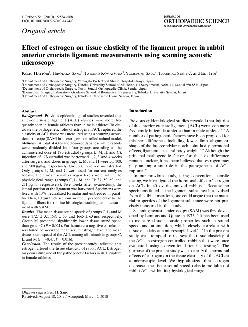 Effect of estrogen on tissue elasticity of the ligament proper in rabbit anterior cruciate ligament: measurements using scanning acoustic microscopy